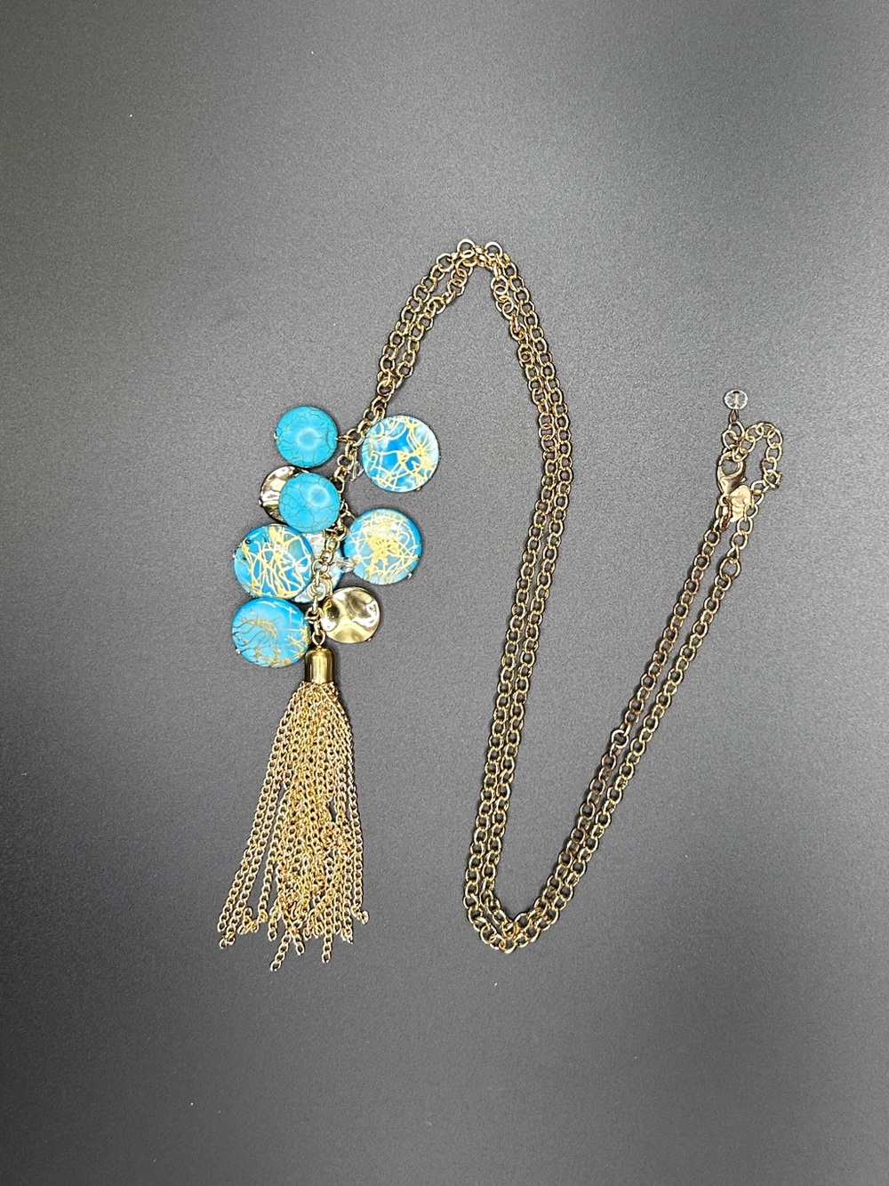 Gold Chain 30 in. Necklace - Turquoise & Gold Blue Disc and Gold Tassel